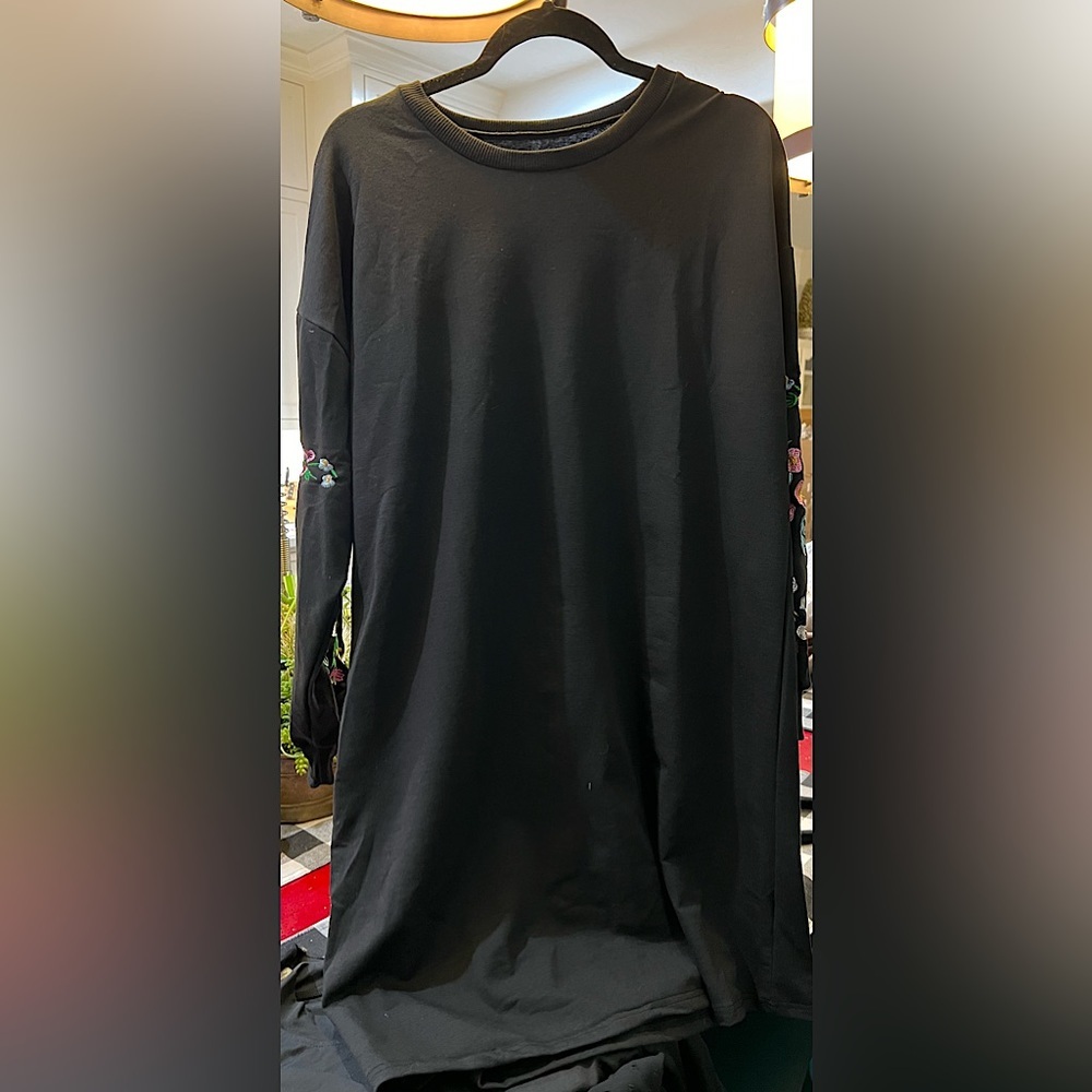 Embroidered Black French terry dress